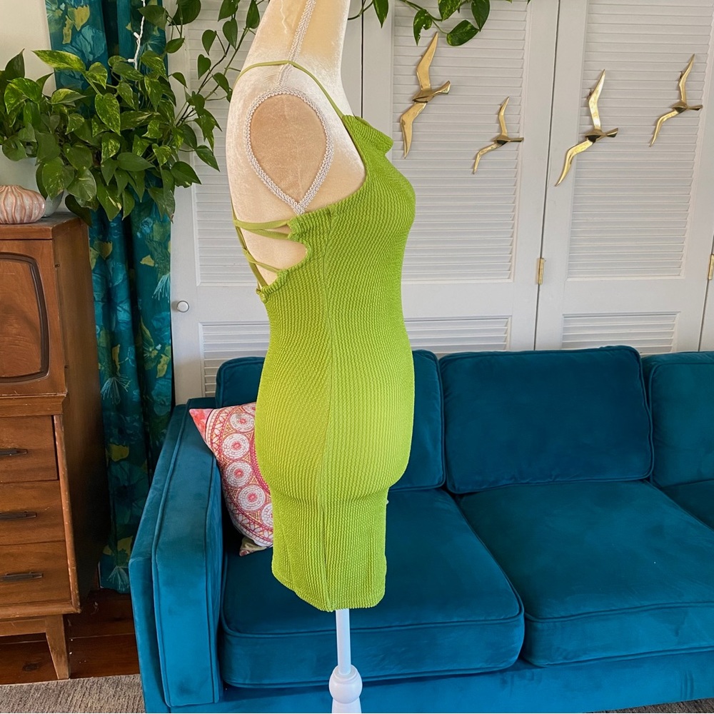 Urban Outfitters | Tyra Strappy Back Mini Dress Green Textured Rib Knit Small - Picture 7 of 16